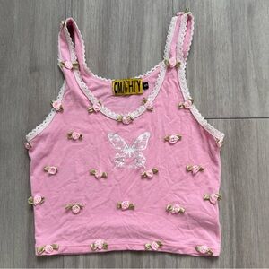 omighty Pink Floral Rose Applique Butterfly Crop Top